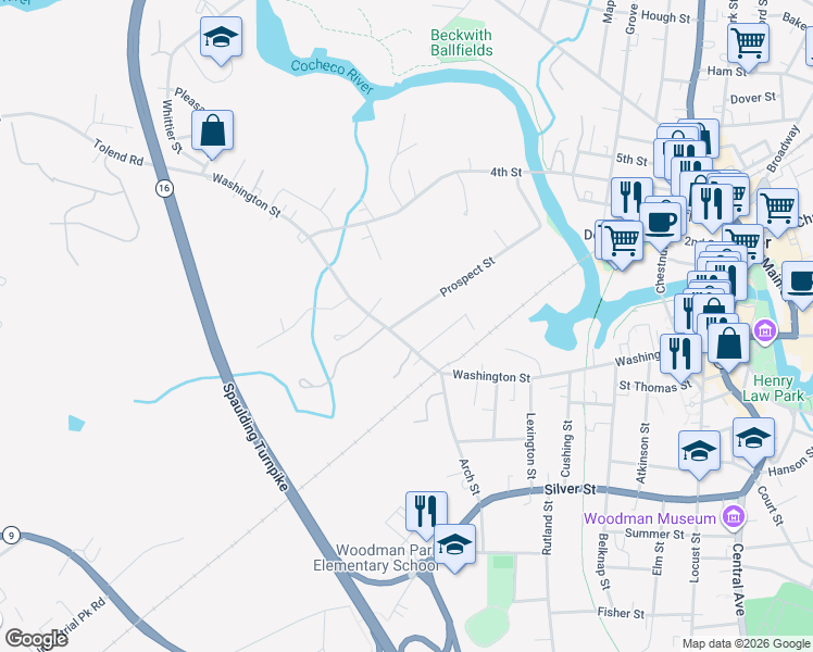map of restaurants, bars, coffee shops, grocery stores, and more near 3 Prospect Street in Dover