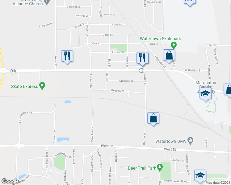 map of restaurants, bars, coffee shops, grocery stores, and more near 201 Applewood Lane in Watertown