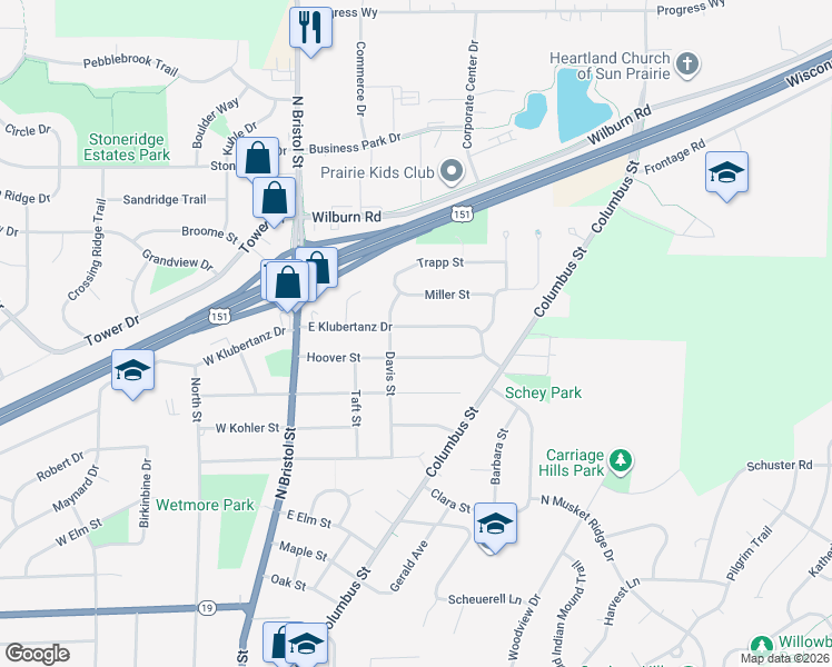 map of restaurants, bars, coffee shops, grocery stores, and more near 321 East Klubertanz Drive in Sun Prairie