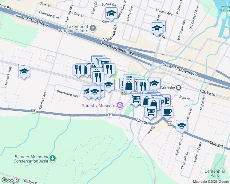 map of restaurants, bars, coffee shops, grocery stores, and more near 15 Livingston Avenue in Grimsby