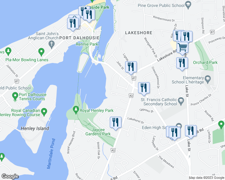 map of restaurants, bars, coffee shops, grocery stores, and more near 16 Philpark Road in St. Catharines