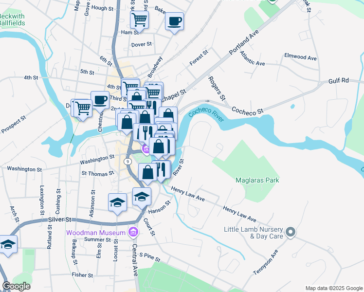 map of restaurants, bars, coffee shops, grocery stores, and more near 2010 River Street in Dover
