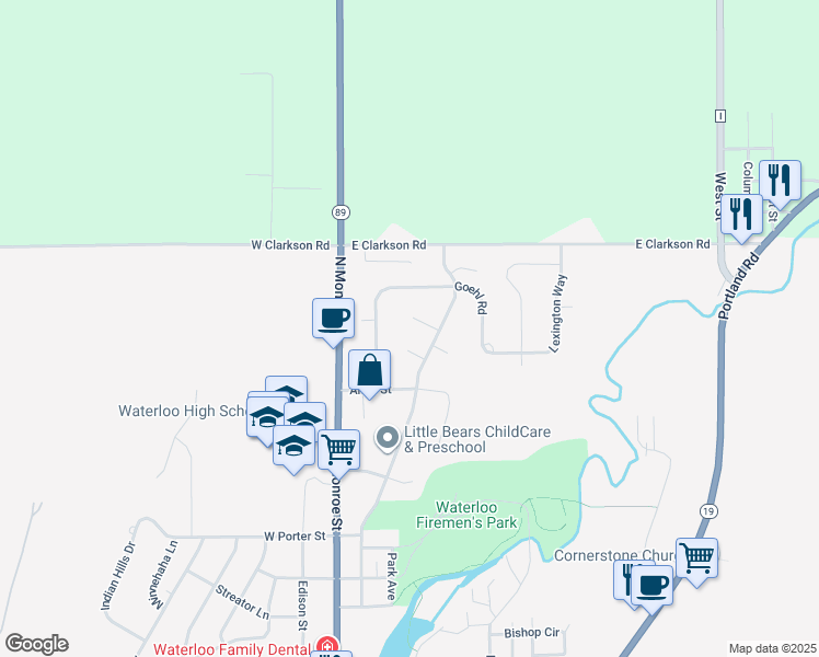 map of restaurants, bars, coffee shops, grocery stores, and more near 1031 Jill's Court in Waterloo