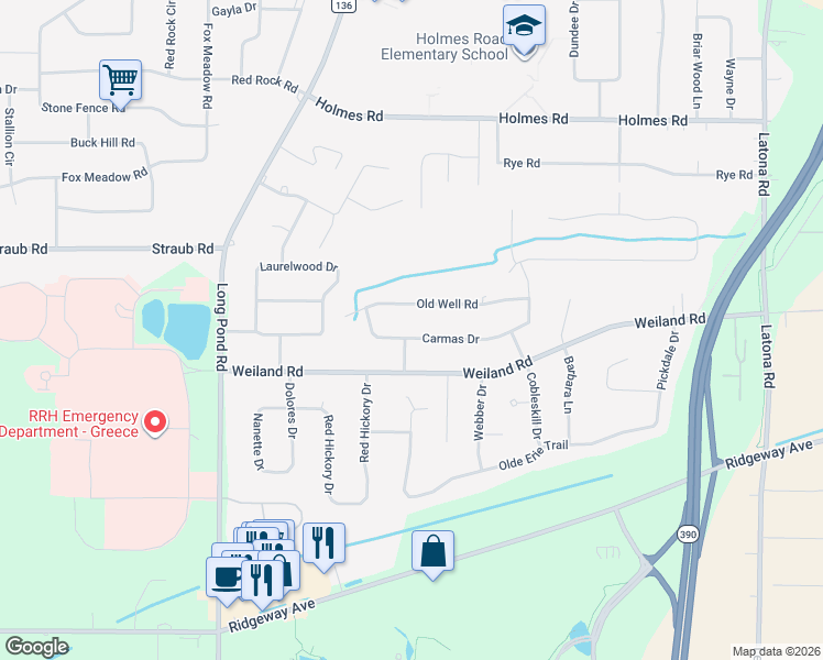 map of restaurants, bars, coffee shops, grocery stores, and more near 251 Carmas Drive in Rochester