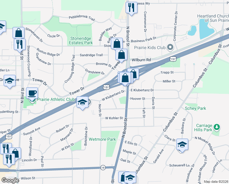 map of restaurants, bars, coffee shops, grocery stores, and more near 36 West Klubertanz Drive in Sun Prairie