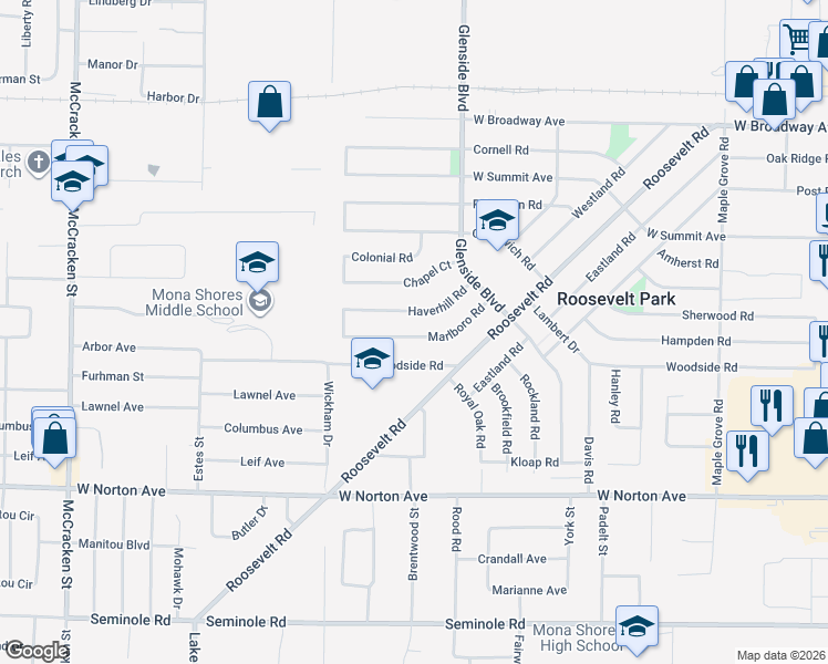 map of restaurants, bars, coffee shops, grocery stores, and more near 1468 Marlboro Road in Muskegon
