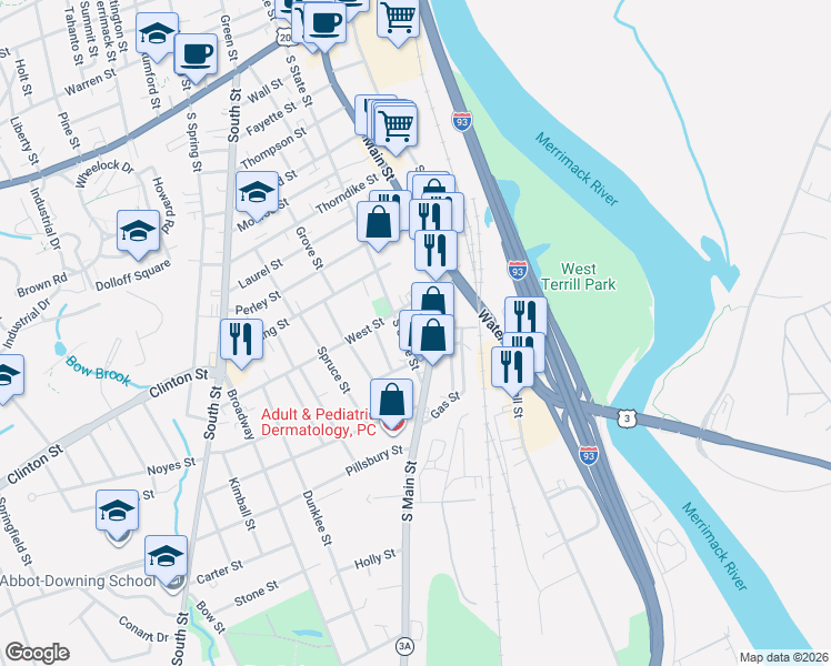 map of restaurants, bars, coffee shops, grocery stores, and more near 2 Cottage Court in Concord
