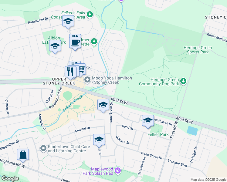 map of restaurants, bars, coffee shops, grocery stores, and more near 23 Echovalley Drive in Hamilton