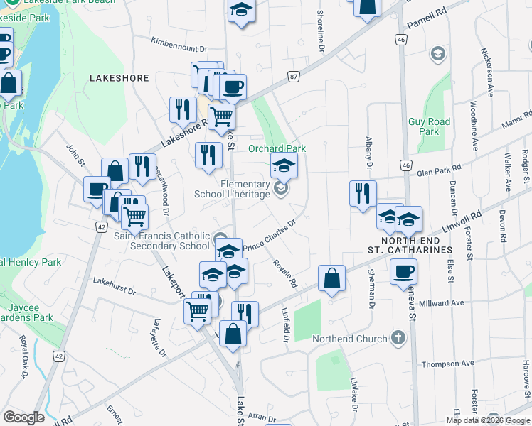 map of restaurants, bars, coffee shops, grocery stores, and more near in St. Catharines