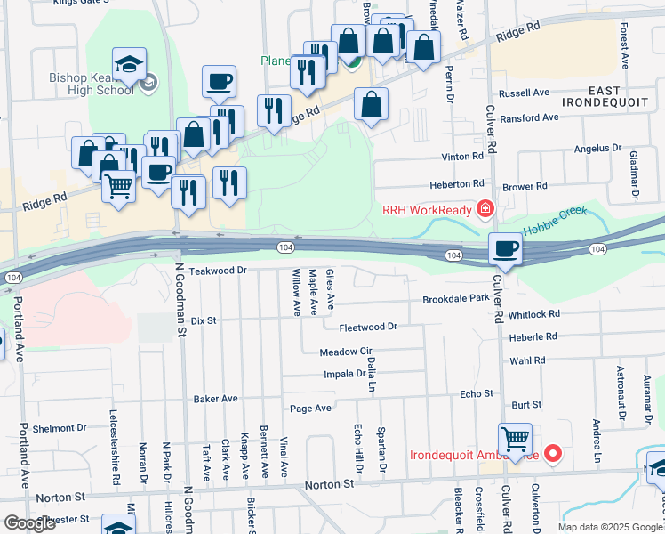 map of restaurants, bars, coffee shops, grocery stores, and more near 15 Lacroix Court Drive in Irondequoit