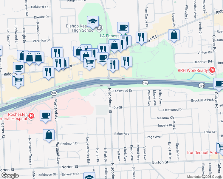 map of restaurants, bars, coffee shops, grocery stores, and more near 12 Teakwood Drive in Rochester