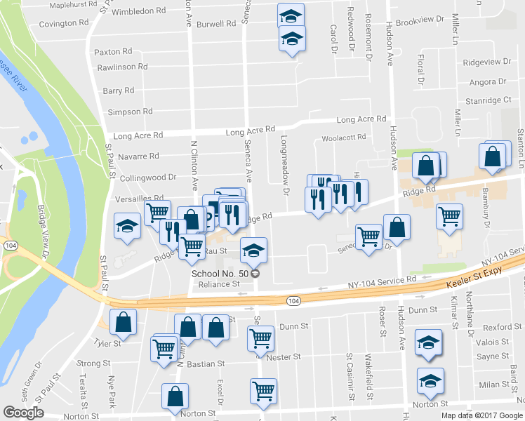 map of restaurants, bars, coffee shops, grocery stores, and more near 366 East Ridge Road in Rochester