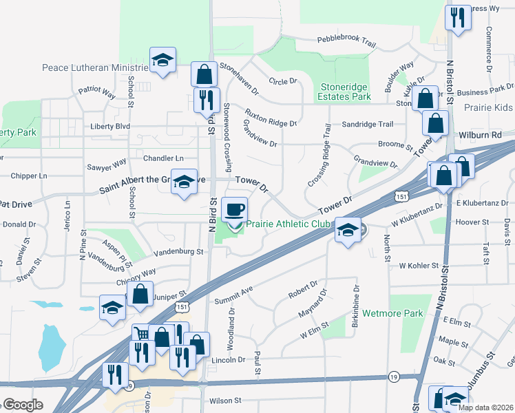 map of restaurants, bars, coffee shops, grocery stores, and more near 1048 Fitness Run in Sun Prairie