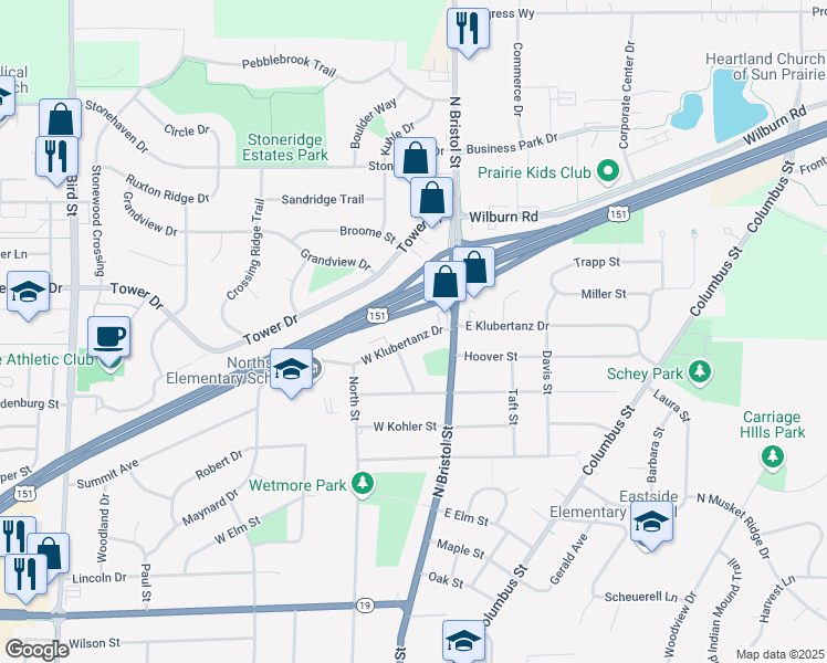 map of restaurants, bars, coffee shops, grocery stores, and more near 32 West Klubertanz Drive in Sun Prairie