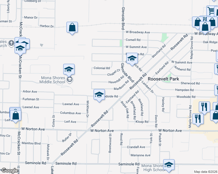 map of restaurants, bars, coffee shops, grocery stores, and more near 1468 Marlboro Road in Muskegon