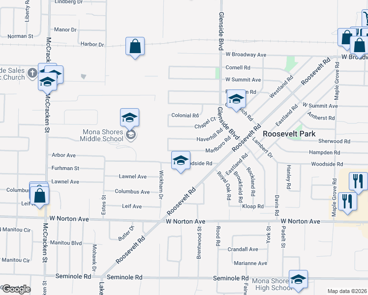 map of restaurants, bars, coffee shops, grocery stores, and more near 1522 Marlboro Road in Muskegon