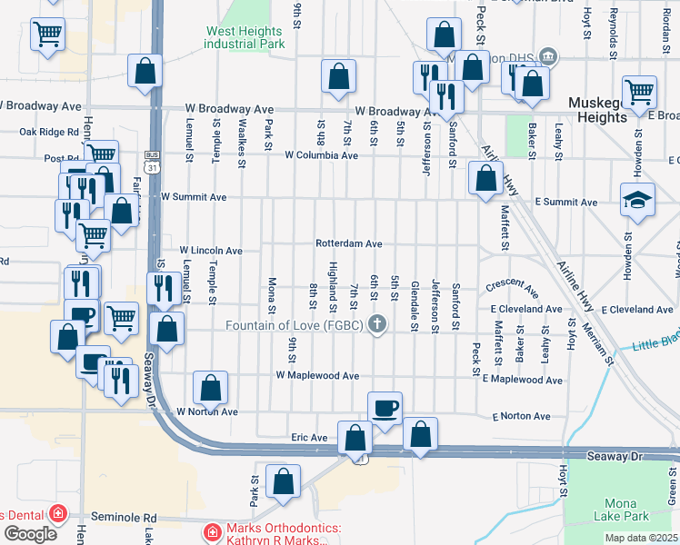 map of restaurants, bars, coffee shops, grocery stores, and more near 3126 Highland Street in Muskegon Heights