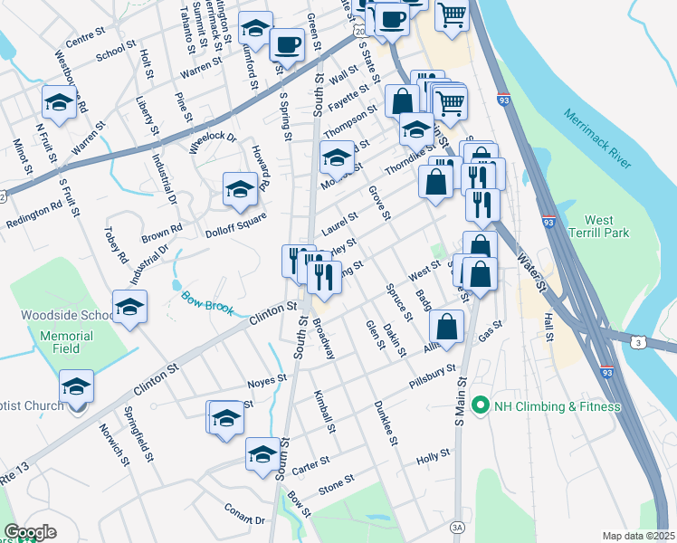 map of restaurants, bars, coffee shops, grocery stores, and more near 64 Downing Street in Concord
