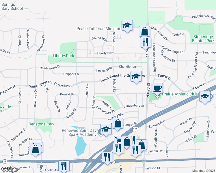 map of restaurants, bars, coffee shops, grocery stores, and more near 1183 Saint Albert the Great Court in Sun Prairie