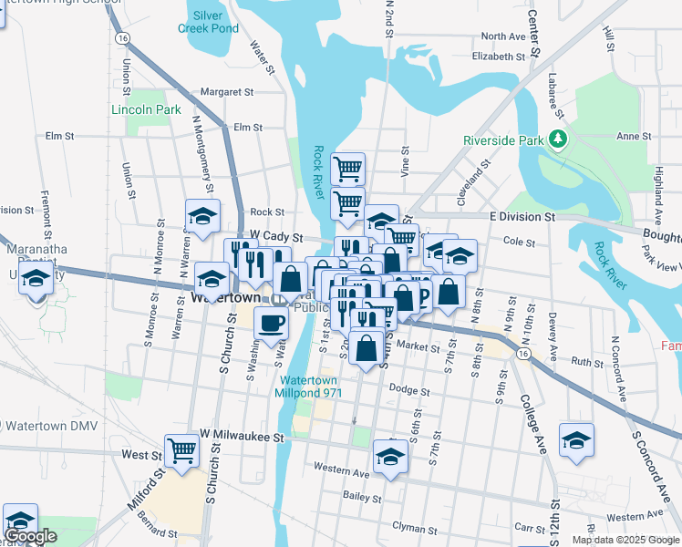 map of restaurants, bars, coffee shops, grocery stores, and more near 107 Jones Street in Watertown