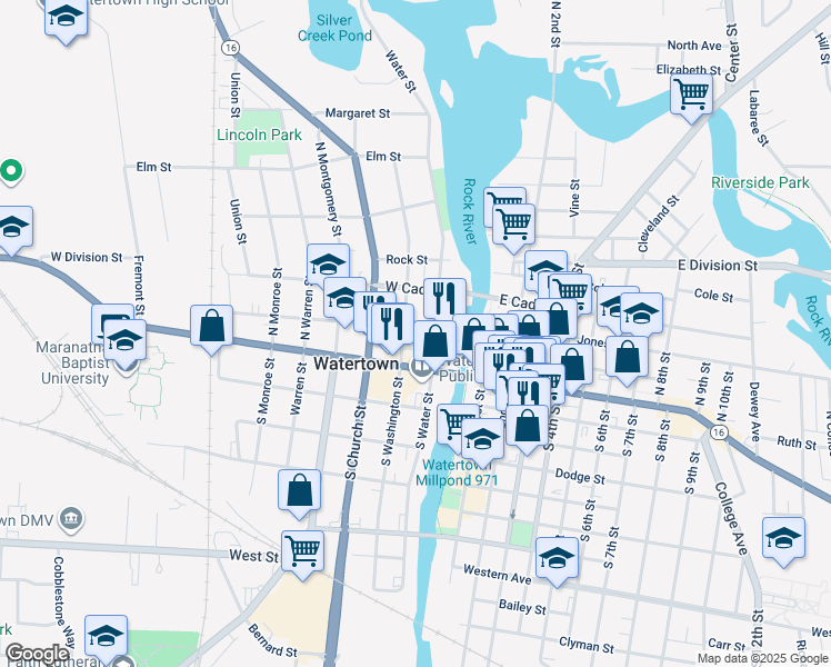 map of restaurants, bars, coffee shops, grocery stores, and more near 219 O'Connell Street in Watertown