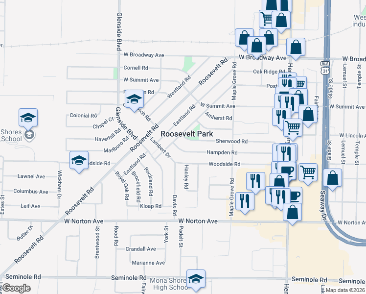 map of restaurants, bars, coffee shops, grocery stores, and more near 1186 Hampden Road in Muskegon