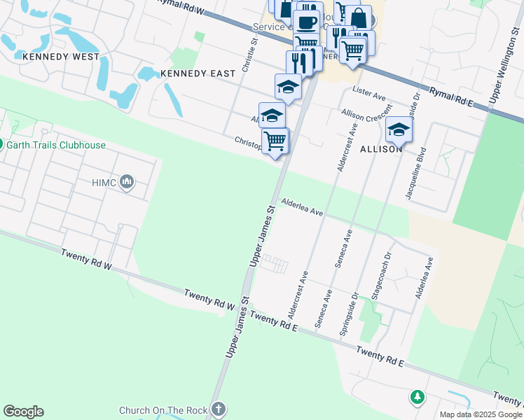 map of restaurants, bars, coffee shops, grocery stores, and more near 1832 Upper James Street in Hamilton