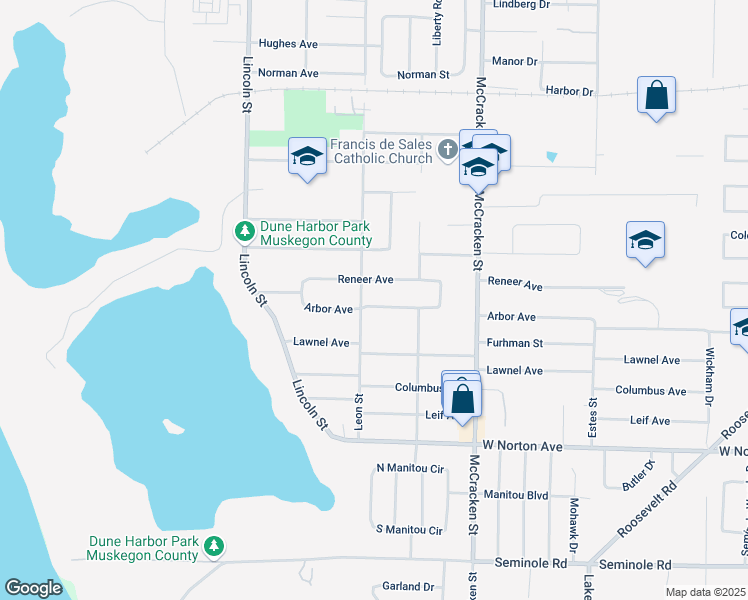 map of restaurants, bars, coffee shops, grocery stores, and more near 2174 Arbor Avenue in Norton Shores