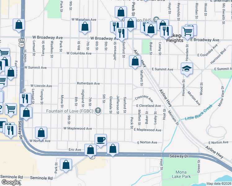 map of restaurants, bars, coffee shops, grocery stores, and more near 3125 Jefferson Street in Muskegon Heights