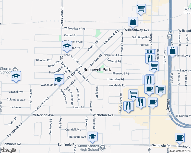 map of restaurants, bars, coffee shops, grocery stores, and more near 1186 Hampden Road in Muskegon