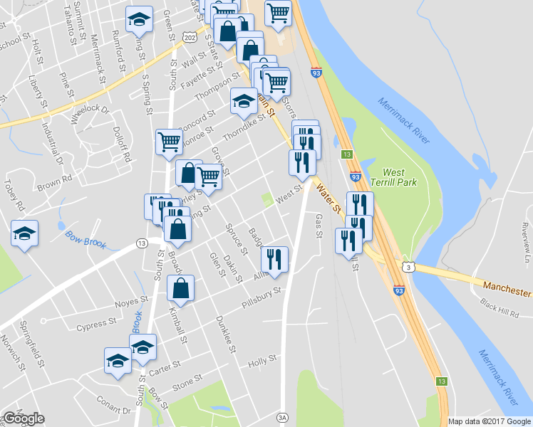 map of restaurants, bars, coffee shops, grocery stores, and more near 29-31 West Street in Concord