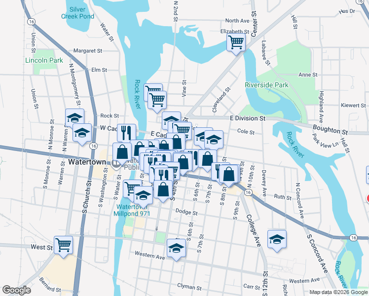 map of restaurants, bars, coffee shops, grocery stores, and more near 301 North 4th Street in Watertown