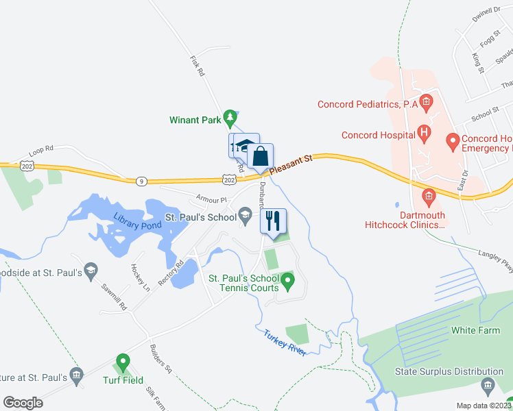 map of restaurants, bars, coffee shops, grocery stores, and more near 16 Dunbarton Road in Concord