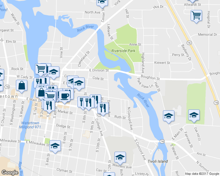map of restaurants, bars, coffee shops, grocery stores, and more near 401 Dewey Avenue in Watertown