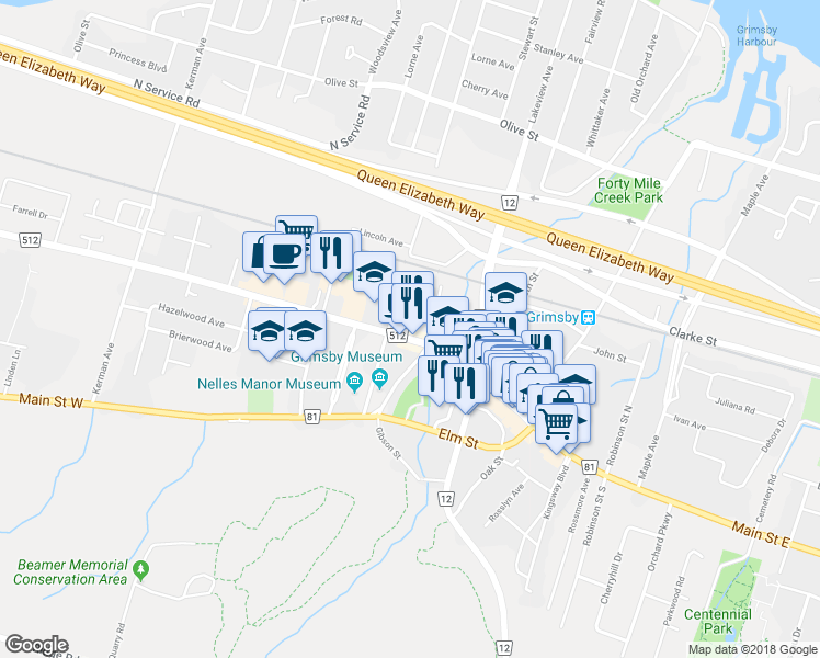 map of restaurants, bars, coffee shops, grocery stores, and more near 4 Livingston Avenue in Grimsby