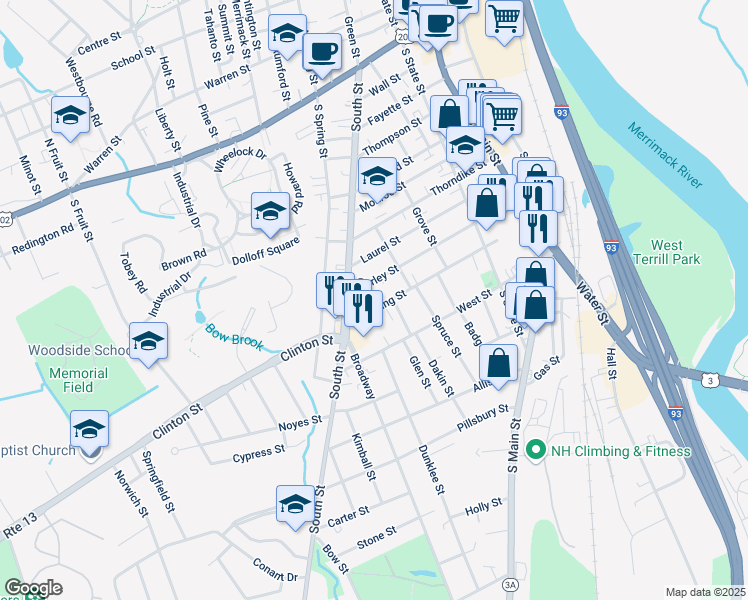 map of restaurants, bars, coffee shops, grocery stores, and more near 64 Downing Street in Concord