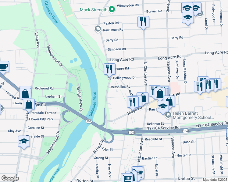 map of restaurants, bars, coffee shops, grocery stores, and more near 2126 Saint Paul Street in Rochester