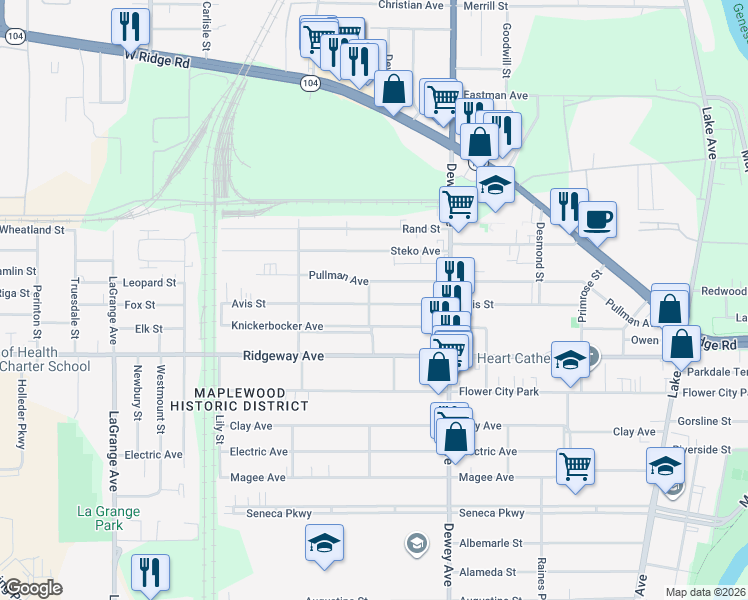 map of restaurants, bars, coffee shops, grocery stores, and more near 268 Avis Street in Rochester