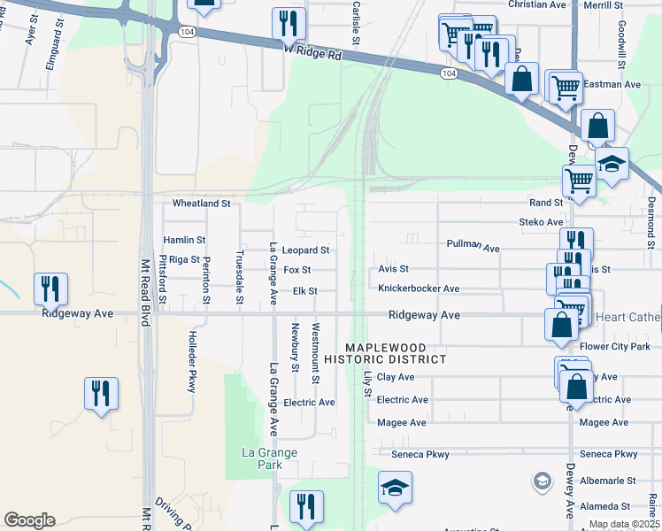 map of restaurants, bars, coffee shops, grocery stores, and more near 687 Ramona Street in Rochester