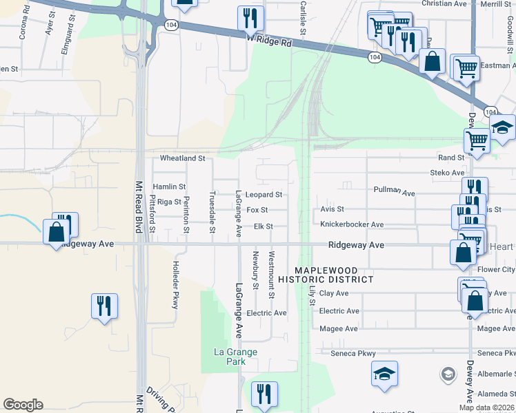 map of restaurants, bars, coffee shops, grocery stores, and more near 51 Fox Street in Rochester
