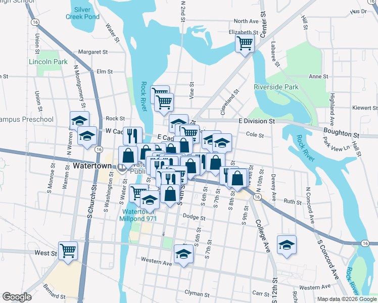 map of restaurants, bars, coffee shops, grocery stores, and more near 301 North 4th Street in Watertown