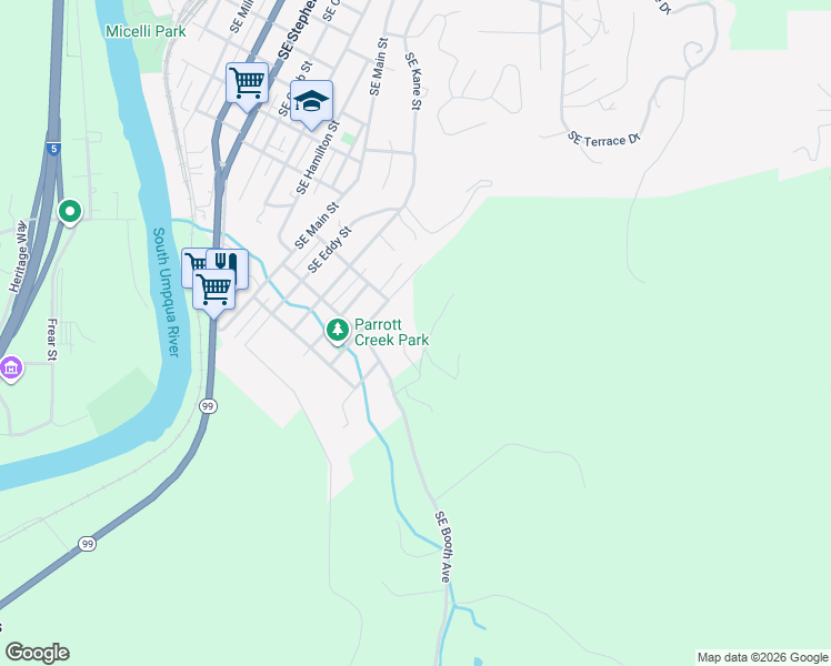 map of restaurants, bars, coffee shops, grocery stores, and more near 281 Cegavske Lane in Roseburg