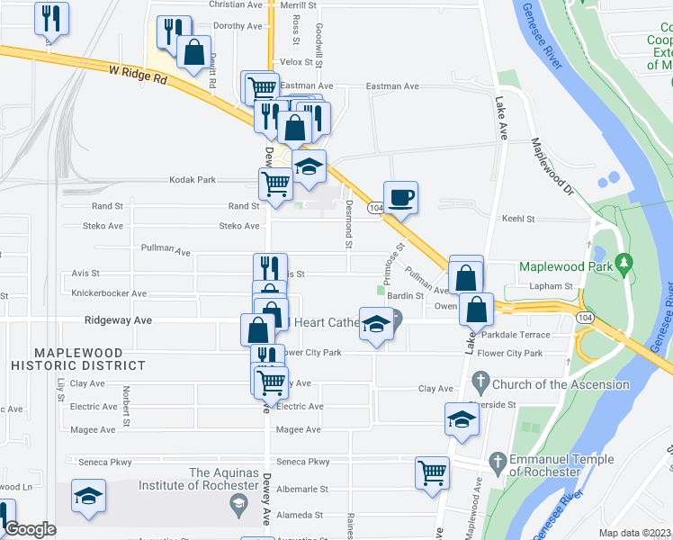 map of restaurants, bars, coffee shops, grocery stores, and more near 78 Avis Street in Rochester