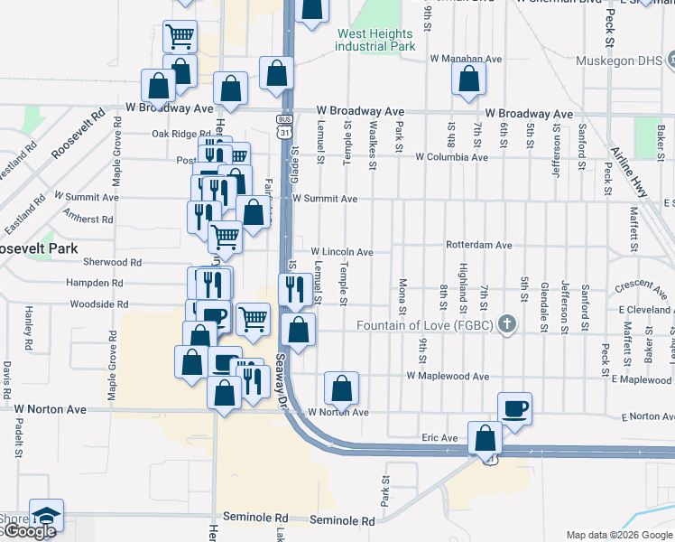 map of restaurants, bars, coffee shops, grocery stores, and more near 3121 Temple Street in Muskegon Heights
