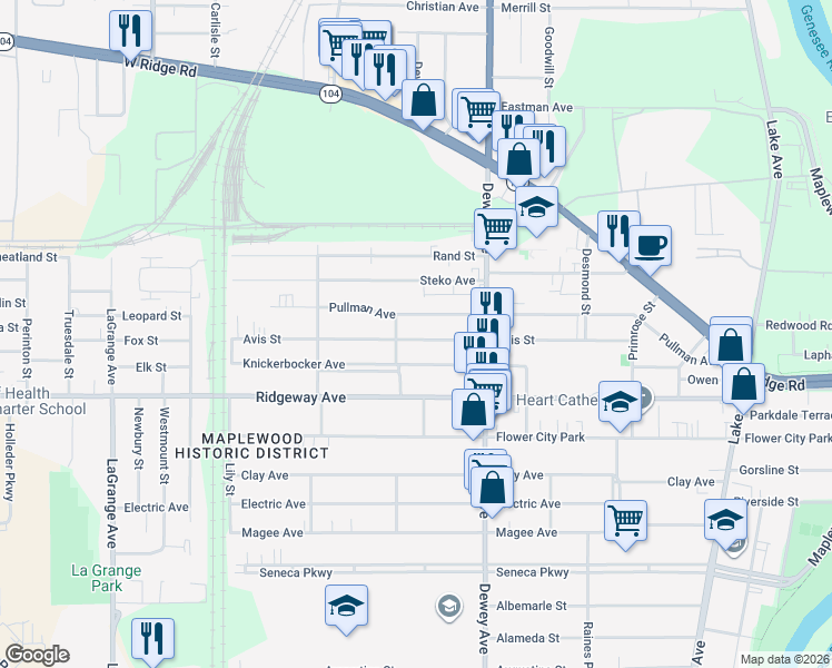 map of restaurants, bars, coffee shops, grocery stores, and more near 268 Avis Street in Rochester