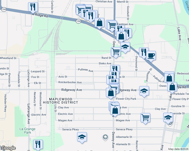 map of restaurants, bars, coffee shops, grocery stores, and more near 268 Avis Street in Rochester