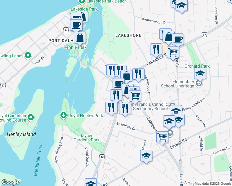 map of restaurants, bars, coffee shops, grocery stores, and more near Embassy Avenue in St. Catharines
