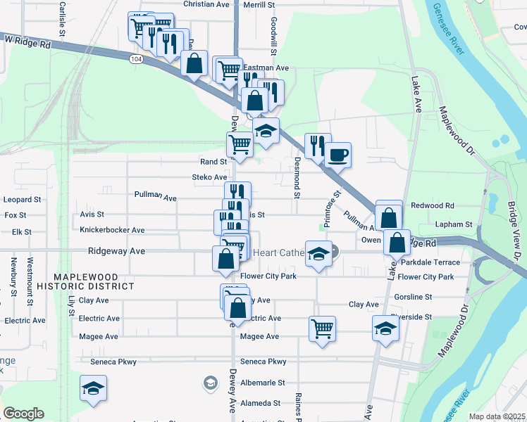 map of restaurants, bars, coffee shops, grocery stores, and more near 132 Avis Street in Rochester