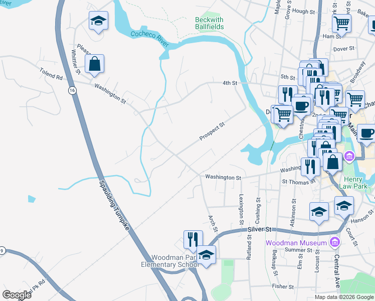 map of restaurants, bars, coffee shops, grocery stores, and more near 3 Prospect Street in Dover