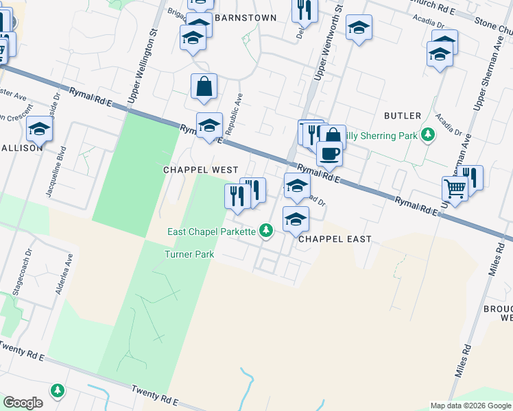map of restaurants, bars, coffee shops, grocery stores, and more near 23 Morgante Court in Hamilton